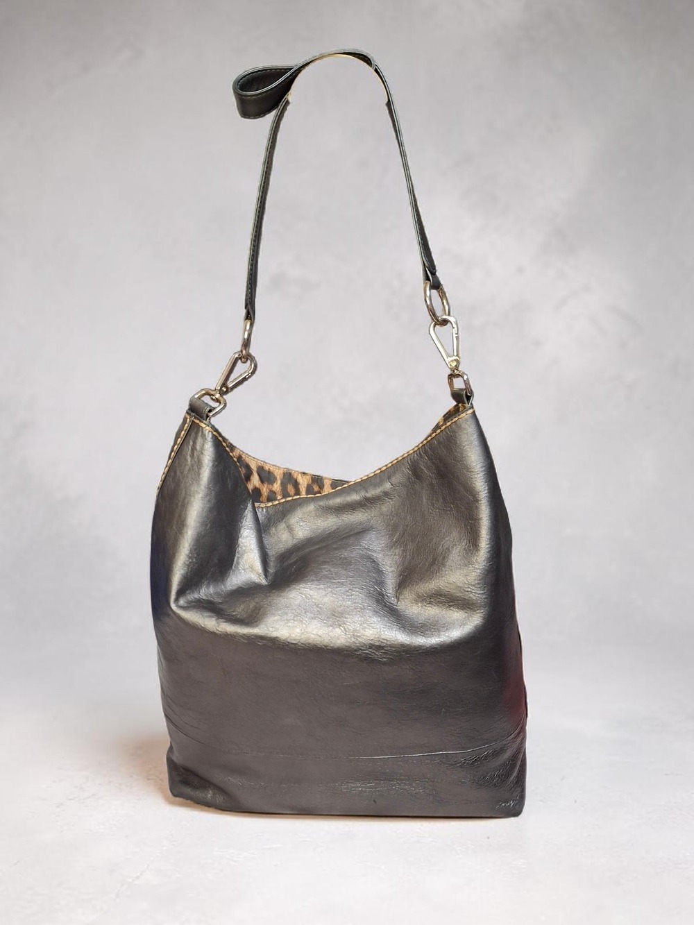 Plinio Visona Gunmetal Metallic Gray Leather Hobo Bag with Leopard Interior